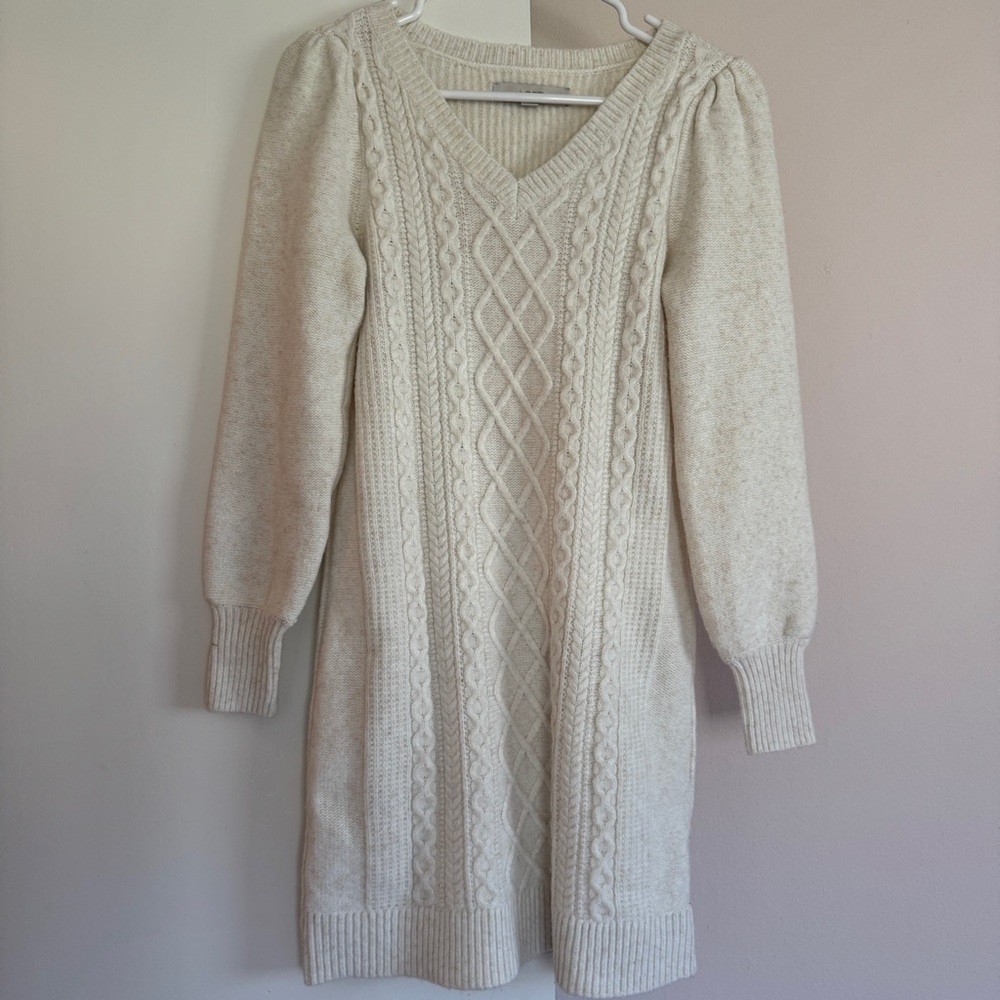LOFT Cream Long Sleeve Petite Cable Knit Dress
